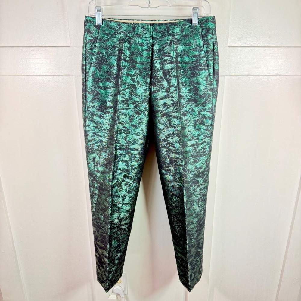 J.Crew Evergreen Jacquard Green Black Metallic Patio Martie Slim Pants Size 4